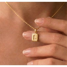Ashak Accessories Kadın 925 Ayar Gümüş Zincirli Minimalist L Harf Isim Yazı Dikdörtgen Kolye