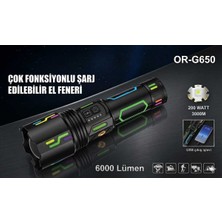 Favbox OR-G650 6000 Lümen Süper Güçlü Profesyonel Şarjlı El Feneri - 200W Güç , Powerbank Özellikli