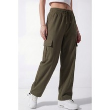 Veleno Kadın Haki Oversize Paraşüt Kumaş Kargo Cepli, Ayarlanabilir Paça Klipsli, Baggy Pantolon