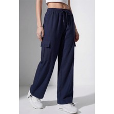 Veleno Kadın Lacivert Oversize Paraşüt Kumaş Kargo Cepli, Ayarlanabilir Paça Klipsli, Baggy Pantolon