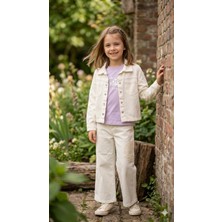 HaanBebe Nakış Detaylı Ekru Denim Ceket ve Geniş Paça Pantolonlu 3’lü Kız Çocuk Takım