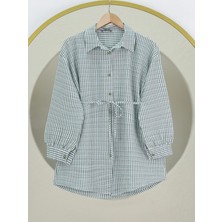 Modamorfo Boydan Düğmeli Bağcıklı Çizgili Bürümcük Gömlek -Yeşil