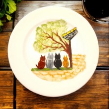 Mimoza Porselen Kediler El Yapımı Desenli Pasta Tabakları 4'lü Takım