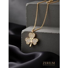 Zerium Üç Yapraklı Yonca Kadın Vıp Kolye Zirkon Şans Yoncası 45 cm