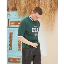 Velmora Fashion Nakış Işlemeli Ribanalı Oversize T-Shirt - Yeşil