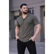 Velmora Fashion Erkek Waffle Kumaş Kısa Kollu Düğmeli Açık Yaka Regular Fit Gömlek - Haki