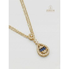 Zerium Kadın Çelik Kolye Altın Renk Safir Mavisi Damla Model Elit Seri