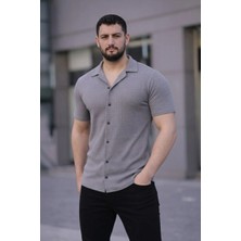 Velmora Fashion Erkek Waffle Kumaş Kısa Kollu Düğmeli Açık Yaka Regular Fit Gömlek - Gri