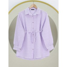 Modamorfo Boydan Düğmeli Bağcıklı Çizgili Bürümcük Gömlek -Lila