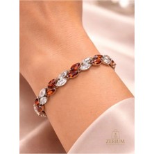 Zerium Kadın Çelik Bileklik Markiz Kesim Kehribar ve Kristal Taşlı Elit Seri
