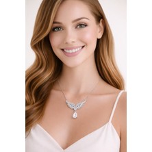 Siset Gümüş 925 Ayar  Rodyum  Kaplama Damla  Zirkon  Taşlı  Melek Kanadı  Gümüş  Kolye