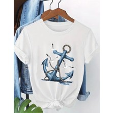 Punix Büyük Beden Özel Seri Mavi Çapa Baskılı %100 Pamuk Oversize Battal Kadın Marin T-Shirt