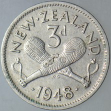 Banknoting Yeni Zelanda 3 Pence 1948 Kral 6. George. 16,3 Mm.