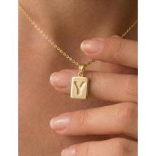 Ashak Accessories Kadın 925 Ayar Gümüş Zincirli Minimalist Y Harf Isim Yazı Dikdörtgen Kolye