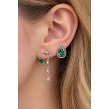 Lia Charm Zümrüt Yeşili Taşlı ve Yıldız Detaylı 3’lü Gümüş Renk Küpe Seti