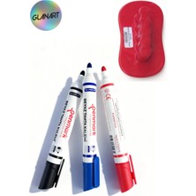 Glanart Kolay Silinebilir 3 Renk Tahta Kalemi Seti Board Marker Seti + Keçe Tabanlı Tahta Silgisi