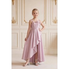 Butik Happy Kids Kız Çocuk Abiye Lila Uçuş Uçuş Monaray Kumaş  Asimetrik Kesim  Prenses Model Yırtmaçlı Abiye Elbise 10-15 Yaş