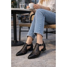 Defne Shoes Silva Kadın Lazer Kesim Siyah Deri Ayakkabı Bilekten Tokalı Topuklu Delikli Günlük Şık Stil