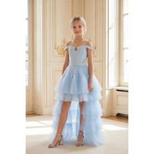 Butik Happy Kids Kız Çocuk Kuyruklu Bebe Mavi Tül Abiye Elbise  Omuz ve Taş Kordon Detaylı Krep Üst Kat Kat Tül Prenses Model 10-15 Yaş
