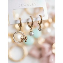 Lia Charm 3'lü Altın Kaplama Küpe Seti - Incili, Fiyonklu ve Tek Taşlı Halka Küpe Kombini