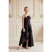 Butik Happy Kids Kız Çocuk Abiye Siyah Uçuş Uçuş Monaray Kumaş  Asimetrik Kesim  Prenses Model Yırtmaçlı Abiye Elbise 10-15 Yaş