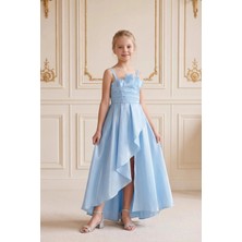 Butik Happy Kids Kız Çocuk Abiye Bebemavi Uçuş Uçuş Monaray Kumaş  Asimetrik Kesim  Prenses Model Yırtmaçlı Abiye Elbise 10-15 Yaş