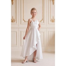Butik Happy Kids Kız Çocuk Abiye Beyaz Uçuş Uçuş Monaray Kumaş  Asimetrik Kesim  Prenses Model Yırtmaçlı Abiye Elbise 10-15 Yaş