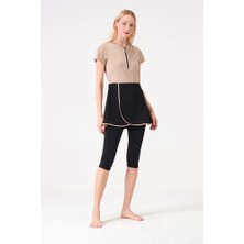 İKSUN Kadın Kısa Kollu Yarı Kapalı Tesettür Mayo Taytlı Boneli Takım Short Arm Swimsuit
