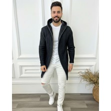 Elku Moda Erkek Siyah Füme Kapüşonlu Triko Hırka - Petek Örgü Detaylı Füme Uzun Hırka