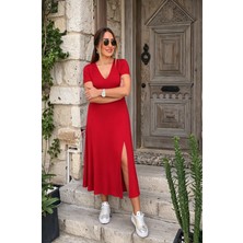 Stilvibe Kadın Kısa Kollu V Yaka Maxi Boy Elbise