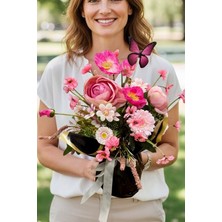 Pembe Kır Çiçeği Yapay Çiçek Aranjmanı Cam Vazoda Dekoratif