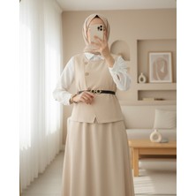 Modamorfo Çapraz Düğmeli Yelek Etek Ikili Takım -Bej