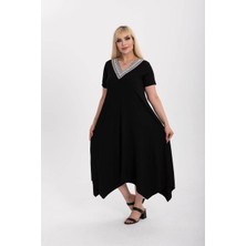 ModaSehle Kadın Büyük Beden Viskon Kumaş V Yaka Etnik Detaylı Kısa Kollu Asimetrik Elbise