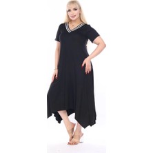 ModaSehle Kadın Büyük Beden Viskon Kumaş V Yaka Şeirtli Kısa Kollu Asimetrik Elbise