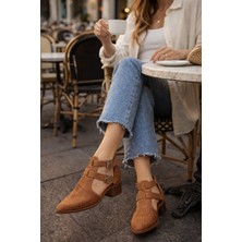 Defne Shoes Mira Kadın Çift Toka Süet Ayakkabı Kısa Topuk Perfore Detay Rahat Kalıp Lazer Kesim Arkadan Fermuar