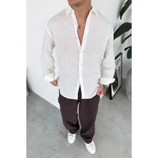 HAFKA Beyaz Basic Relaxed Ham Keten Gömlek