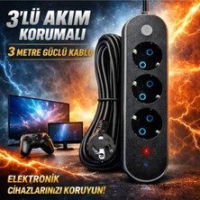 Fırsat Yolu 3lü Akım Korumalı Priz Anahtarlı Parafudr Anti-Statik 3x1.5mm 3 Metre Uzatma Kablosu Çocuk Korumalı