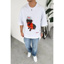 HAFKA Beyaz Cap Dog Baskılı Premium Oversize Tişört