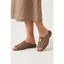 Ayakkabı Fuarı Elit ZYN4200 Kadın Hakiki Deri Düz Terlik Taba