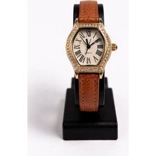 Toz Vintage Cazion Kahverengi Deri Kayış Gold Kasa Taş Detaylı Kadın Vintage Retro Saat