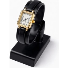 Toz Vintage Cilnar Siyah Deri Kayış Gold Kare Kasa Minimal Kadın Vintage Retro Saat