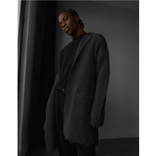 Elku Moda Premium Oversize Selanik Örgü Erkek Hırka - Kapüşonlu Bornoz Yaka Uzun Triko Hırka