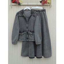 Modamorfo Boydan Fermuarlı Cebi Taş Detaylı Kot Takım  -Füme