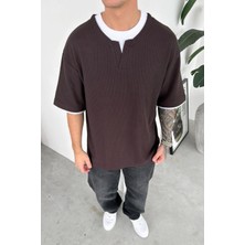 HAFKA Kahverengi Layered Rib Fitilli V Yaka Tişört