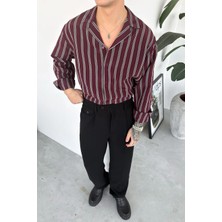 HAFKA Bordo Çizgili Premium Relaxed Gömlek