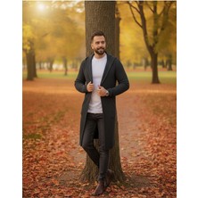 Elku Moda Erkek Füme Siyah Kapüşonlu Örgü Hırka - Dokulu Uzun Triko Hırka