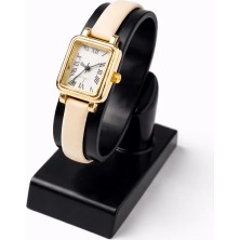 Toz Vintage Cilnar Bej Deri Kayış Gold Kare Kasa Minimal Kadın Vintage Retro Saat