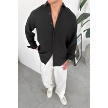 HAFKA Siyah Basic Relaxed Ham Keten Gömlek