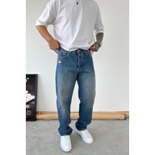 HAFKA Eskitme Mavi Soft Degrade Yırtıklı Baggy Pantolon