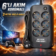 Fırsat Yolu 6’lı Akım Korumalı Priz Anahtarlı Parafudr Anti-Statik 3x1.5mm 3 Metre Uzatma Kablosu Çocuk Korumalı